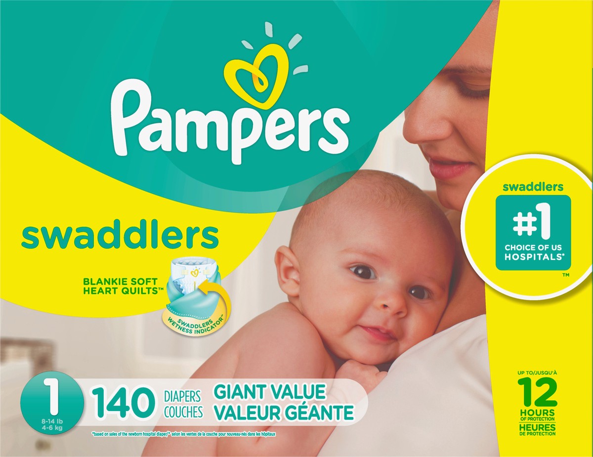 slide 5 of 8, Pampers Swaddlers Newborn Diapers Size 1 140 Count, 140 ct