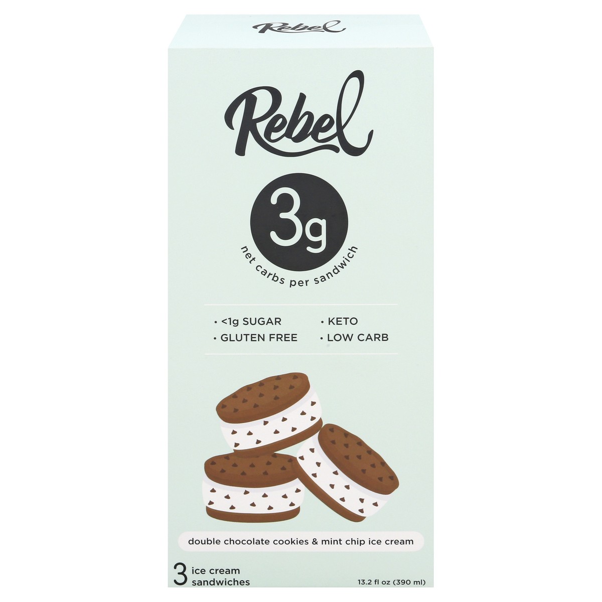 slide 1 of 9, Rebel Double Chocolate Cookies & Mint Chip Ice Cream Sandwiches 3 ea, 3 ct