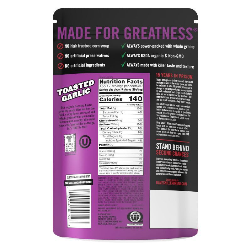 slide 7 of 7, Dave's Killer Bread Toasted Garlic Crunchy Snack Bites, Garlic Organic Snacks, 7.2 oz