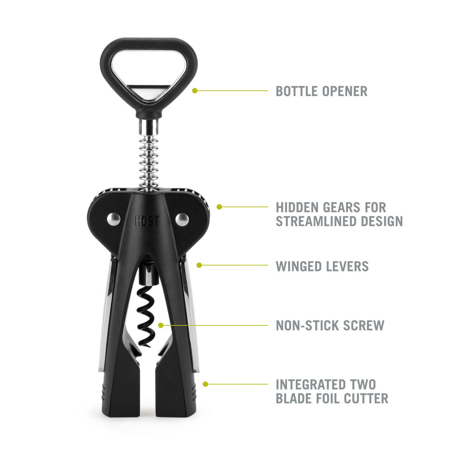 slide 5 of 5, HOST Winged Corkscrew, Non-Stick Worm And Bottle Opener, 2-Blade Foil Cutter, 1 ct