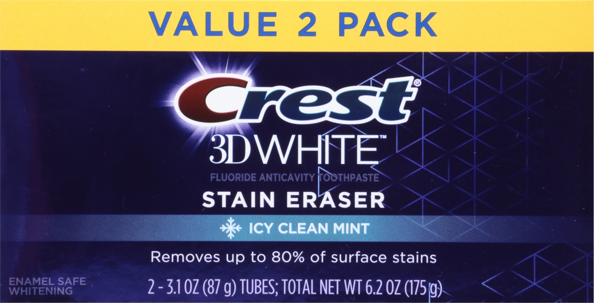 slide 8 of 10, Crest 3D White Stain Eraser Icy Clean Mint Toothpaste Value 2 Pack 2 - 3.1 oz Tubes, 6.1 oz