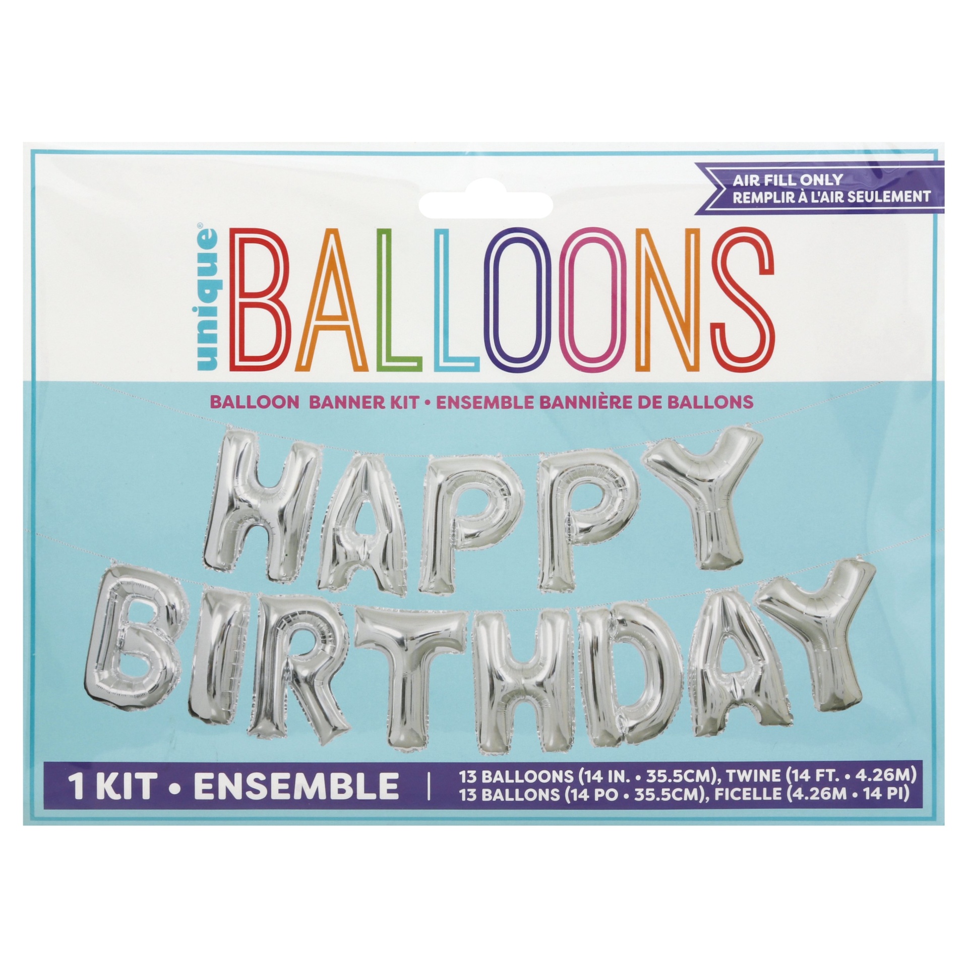 slide 1 of 1, Unique Industries Silver Happy Birthday Balloon Banner Kit, 1 ct