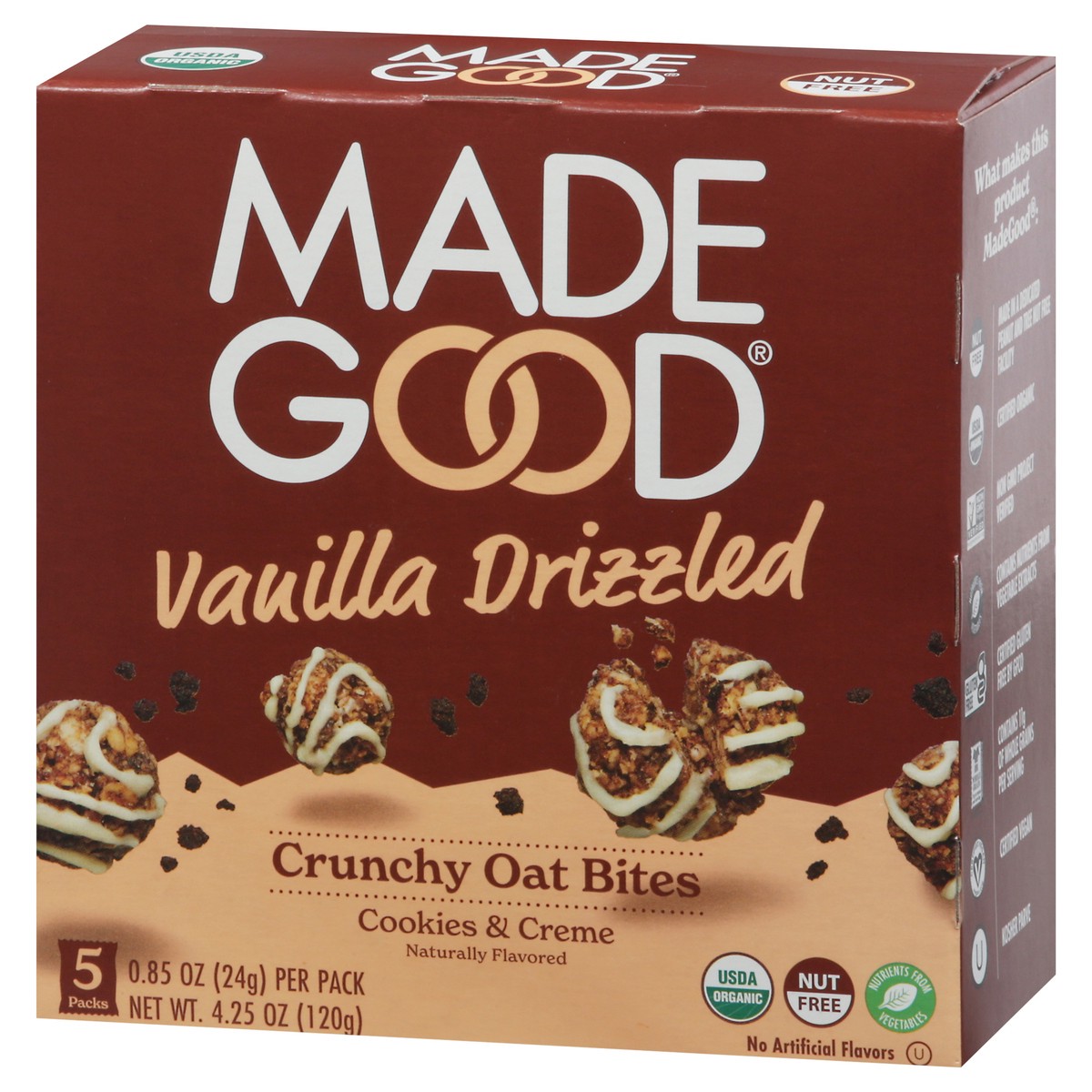 slide 8 of 9, MadeGood Vanilla Drizzled Crunchy Cookies & Creme Oat Bites 5 - 0.85 oz Packs, 4.25 oz