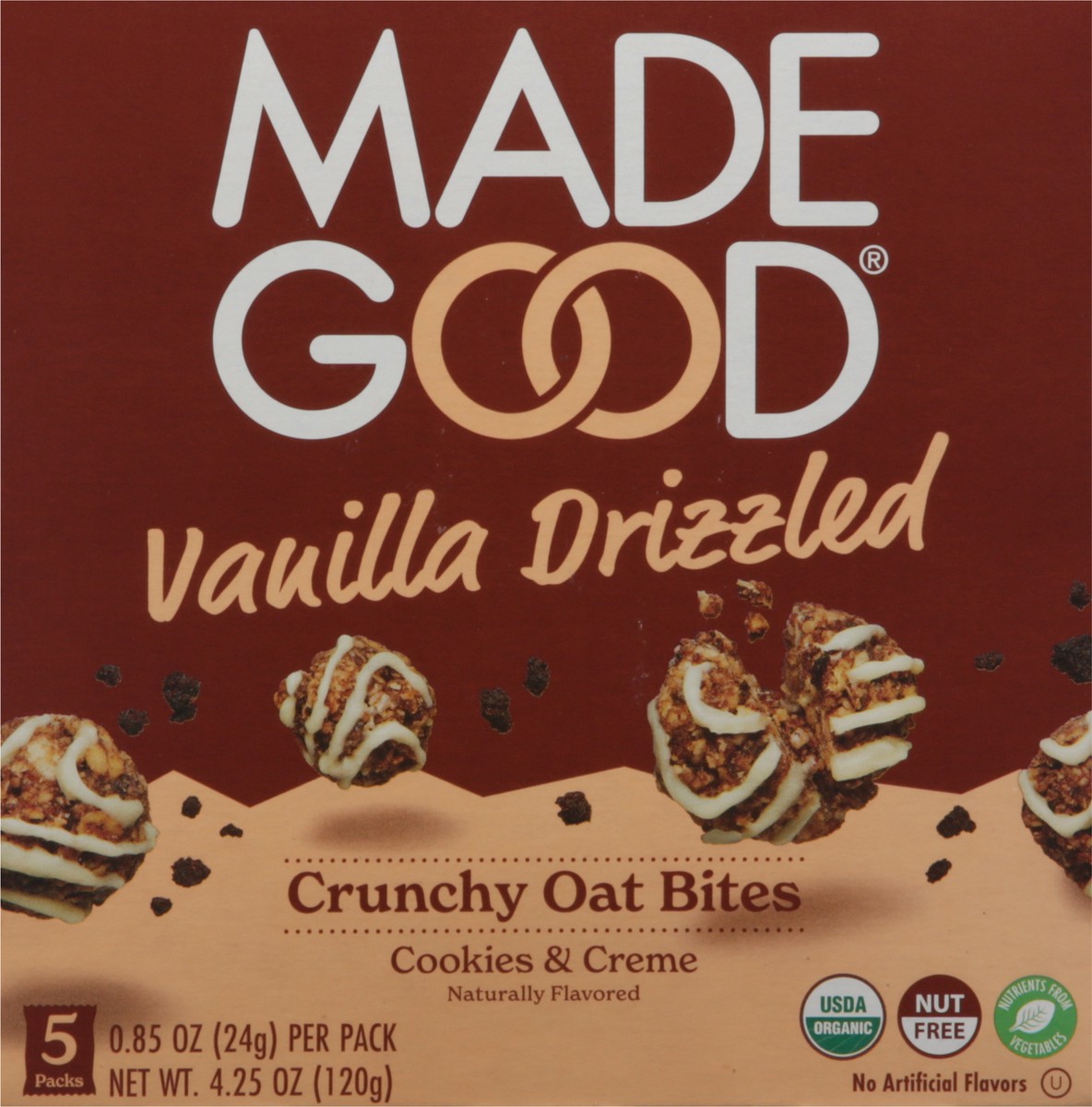 slide 2 of 9, MadeGood Vanilla Drizzled Crunchy Cookies & Creme Oat Bites 5 - 0.85 oz Packs, 4.25 oz