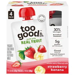 Too Good & Co. Strawberry Banana Yogurt-Cultured Ultra-Filtered Milk Pouches, Portable Kids Snacks Made with Real Fruit, 3.5 oz, 4 Count​
