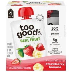 Too Good & Co. Strawberry Banana Yogurt-Cultured Ultra-Filtered Milk Pouches, Portable Kids Snacks Made with Real Fruit, 3.5 oz, 4 Count