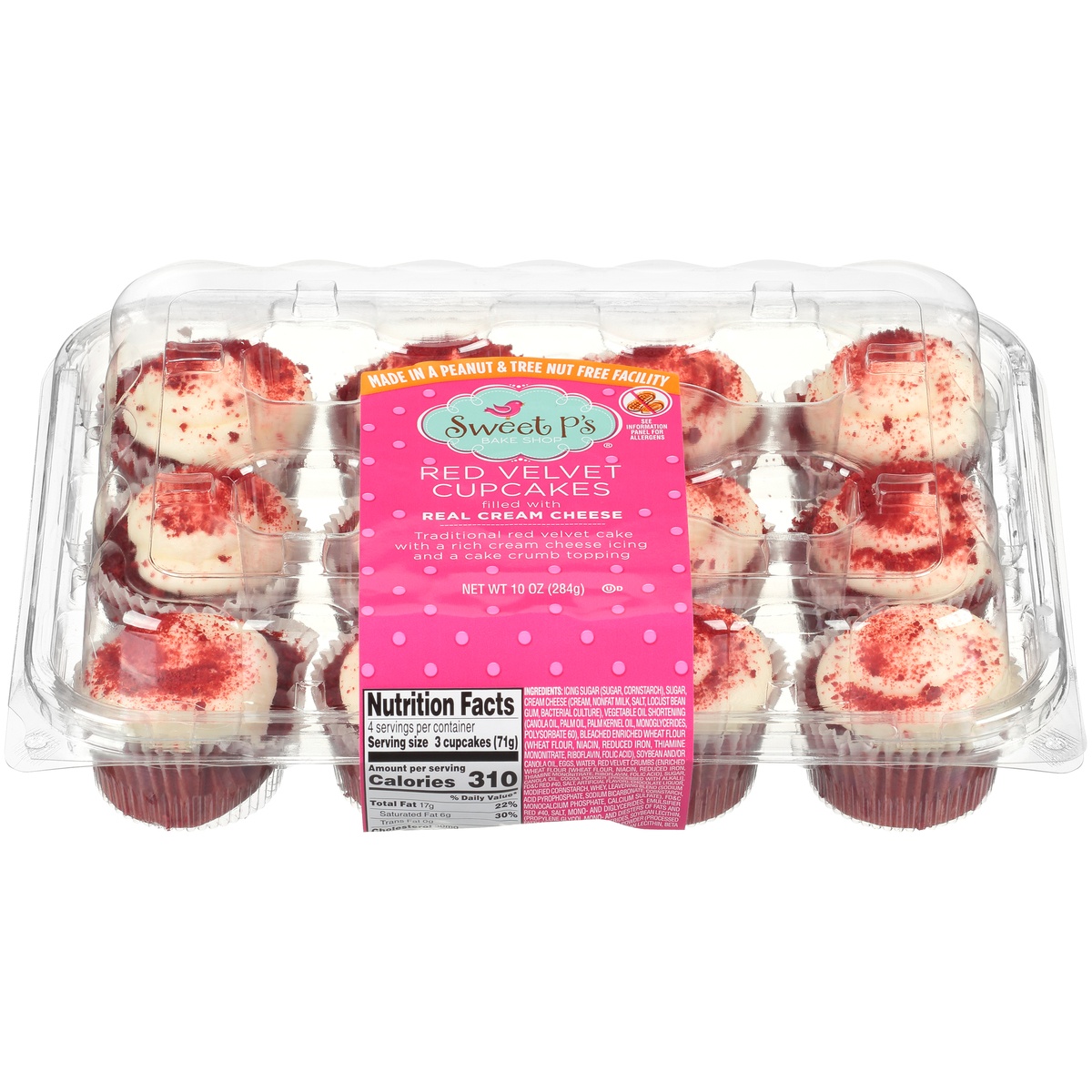 slide 1 of 1, Sweet P's Bake Shop Red Velvet Cupcakes Filled With Real Cream Cheese With A Rich Cream Cheese Icing And A Cake Crumb Topping, 10 oz
