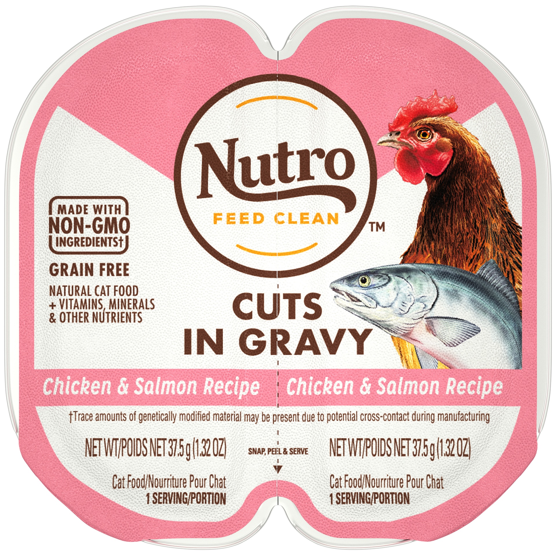 slide 1 of 9, NUTRO Grain Free* Natural Wet Cat Food Cuts in Gravy Chicken & Salmon Recipe, (24) PERFECT PORTIONS Twin-Pack Trays, 2.64 oz