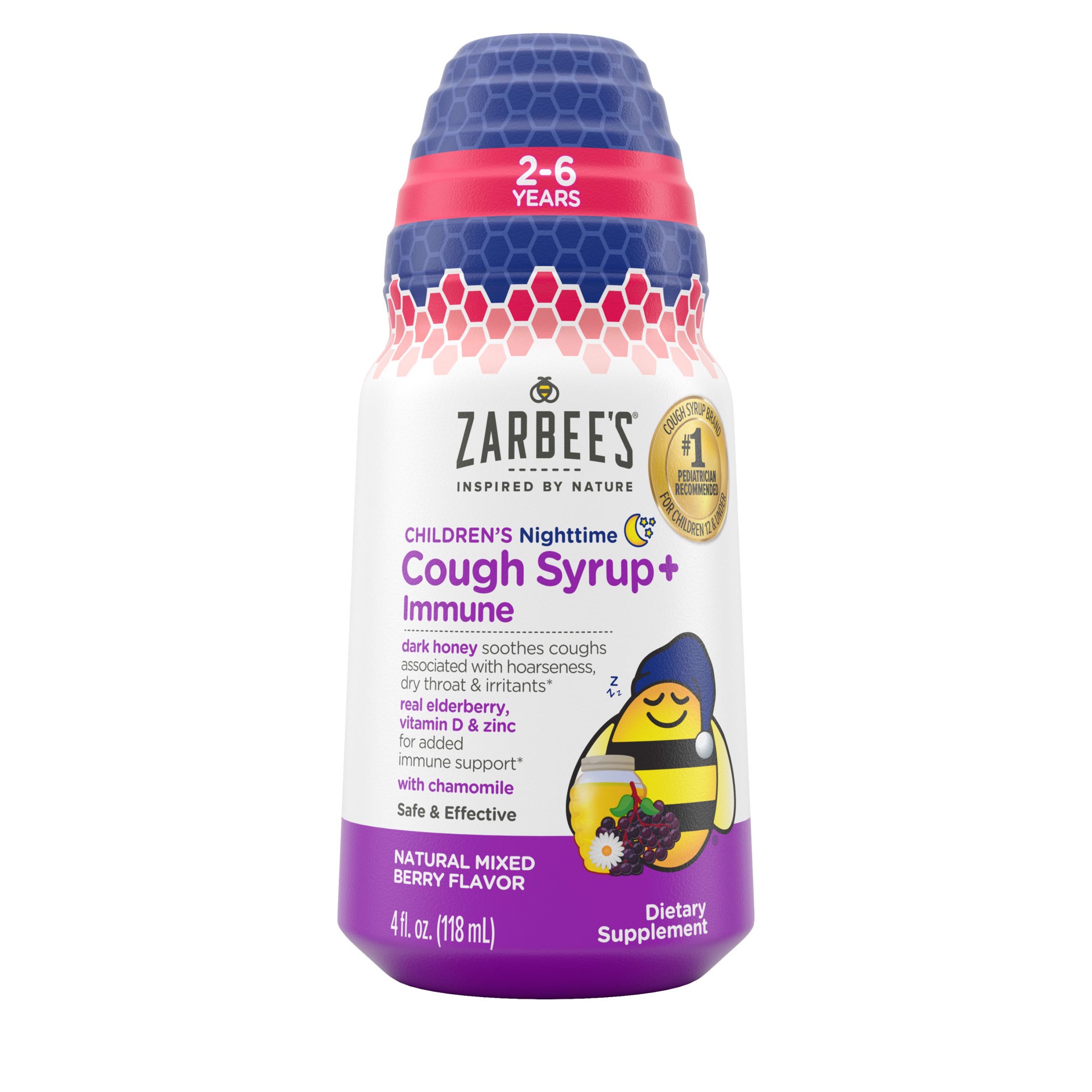 slide 1 of 5, Zarbee's Naturals Children's Nighttime Honey Cough Syrup + Immune for Kids 2+, Cough Syrup with Soothing Dark Honey, Real Elderberry, Vitamin D & Zinc, & Chamomile, Drug-Free, Mixed Berry, 4 fl. oz, 4 oz