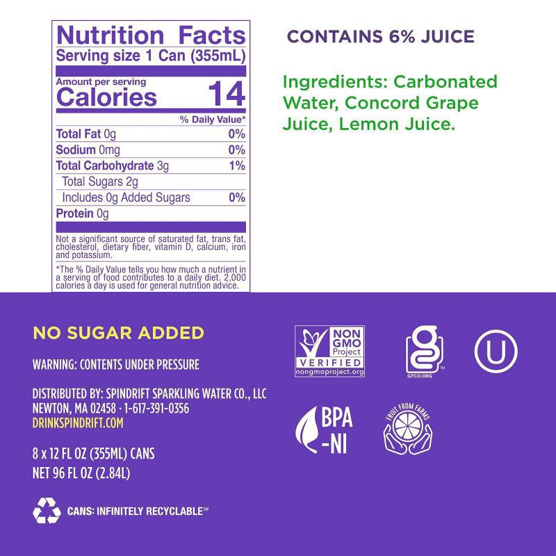 slide 2 of 3, Spindrift 12 oz. Grapeade Sparkling Water 8pk - 8 ct, 8 ct; 12 fl oz