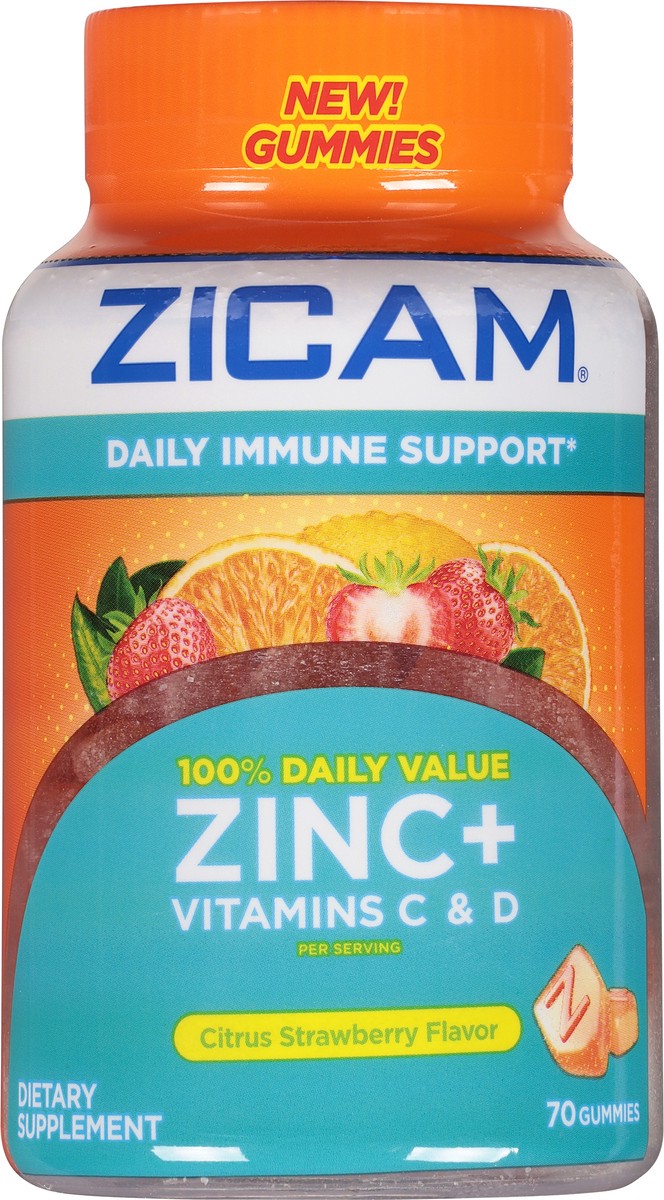 slide 6 of 9, Zicam Daily Immune Support, Gummy Supplement, Zinc, Vitamin C and Vitamin D, Citrus Strawberry Flavor, 70 Count, 70 ct
