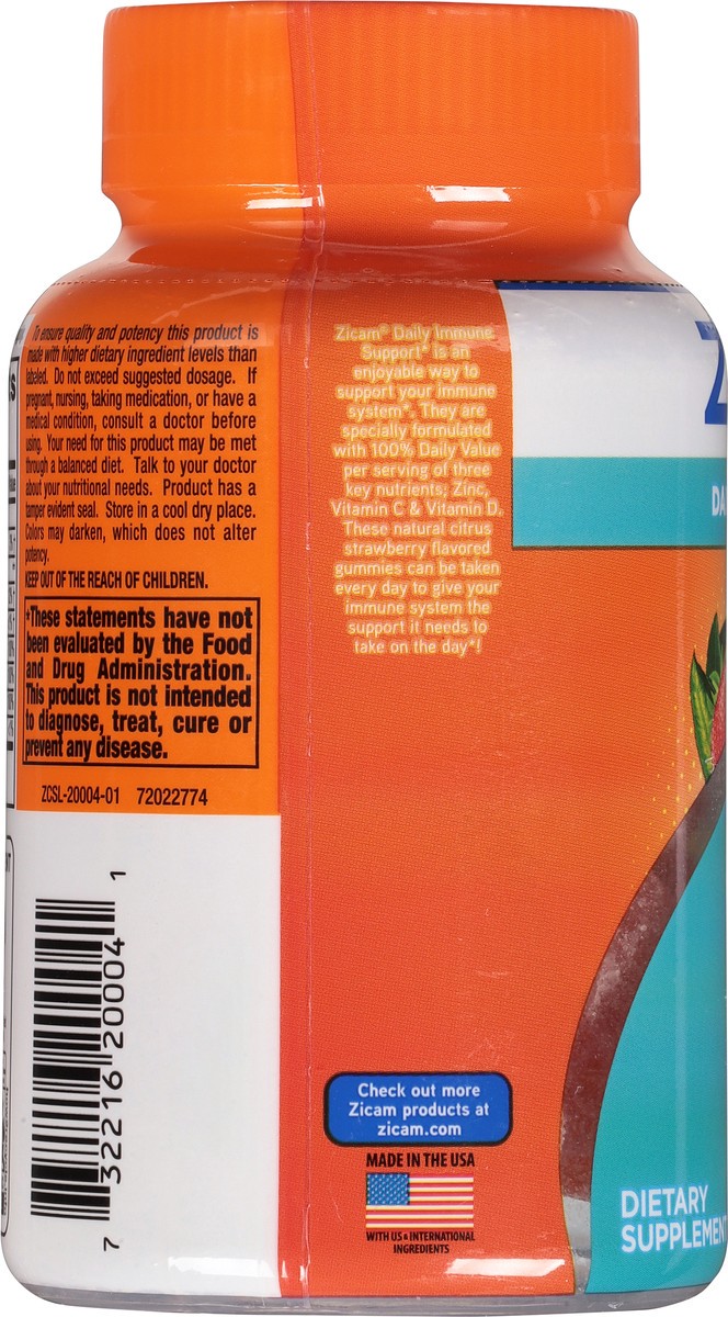 slide 3 of 9, Zicam Daily Immune Support, Gummy Supplement, Zinc, Vitamin C and Vitamin D, Citrus Strawberry Flavor, 70 Count, 70 ct