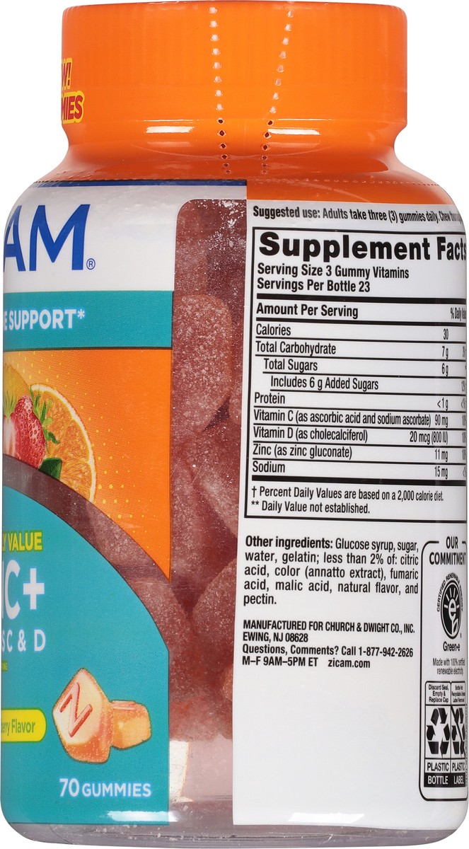 slide 7 of 9, Zicam Daily Immune Support, Gummy Supplement, Zinc, Vitamin C and Vitamin D, Citrus Strawberry Flavor, 70 Count, 70 ct