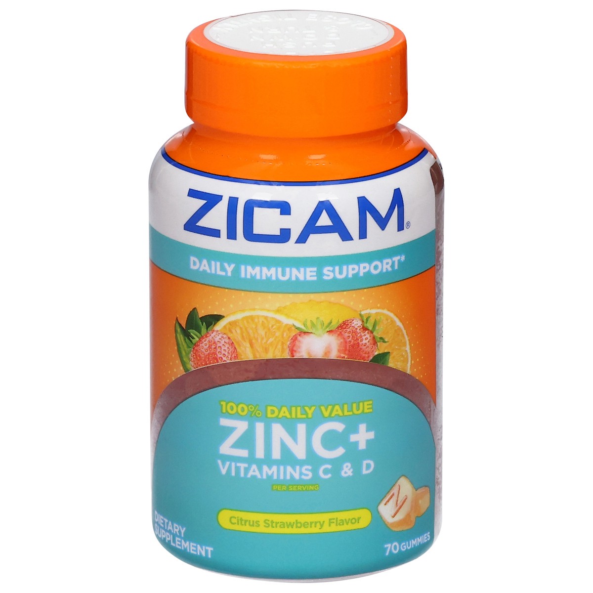 slide 1 of 9, Zicam Daily Immune Support, Gummy Supplement, Zinc, Vitamin C and Vitamin D, Citrus Strawberry Flavor, 70 Count, 70 ct