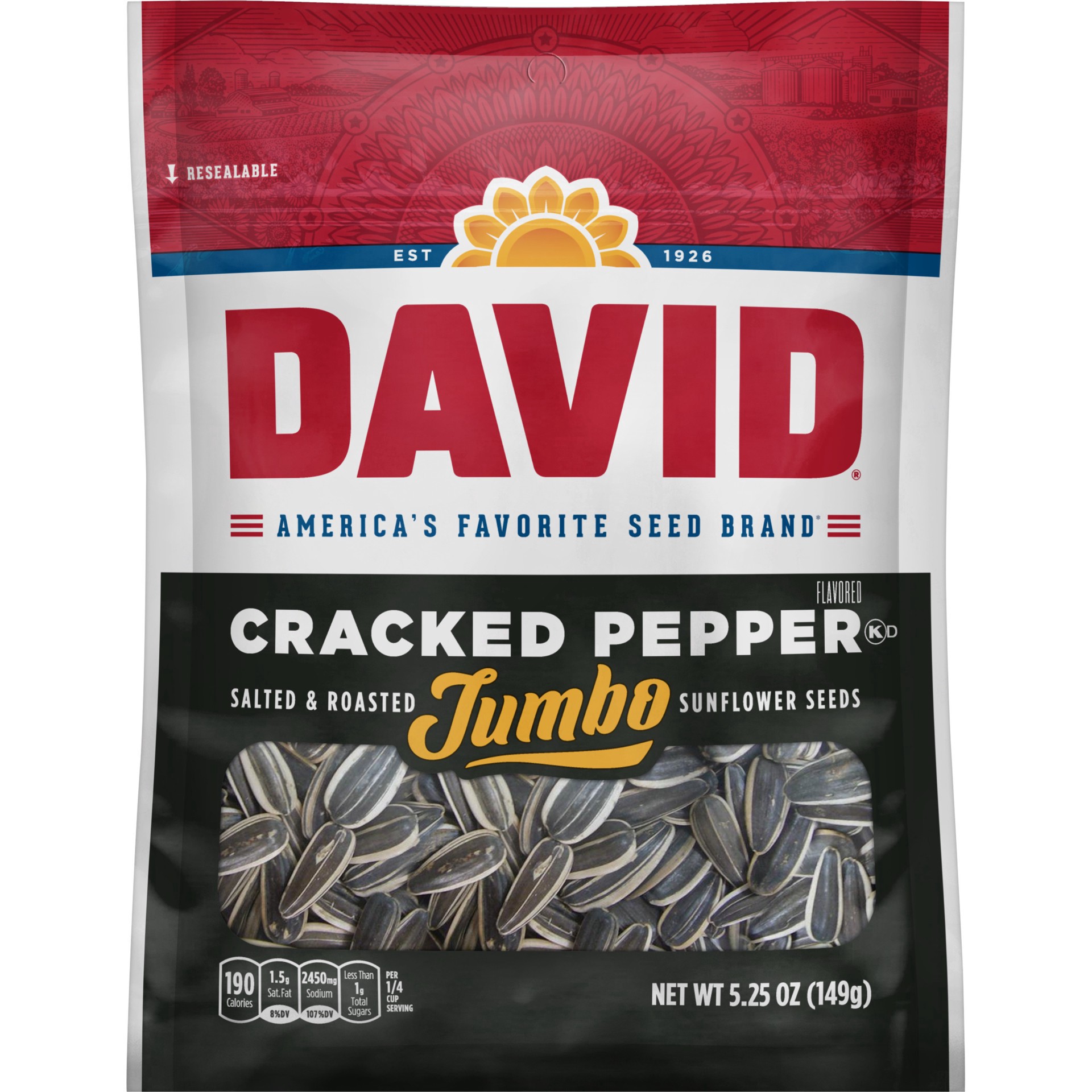 slide 1 of 4, DAVID Salted & Roasted Cracked Pepper Flavored Sunflower Seeds Jumbo 5.25 oz, 5.3 oz