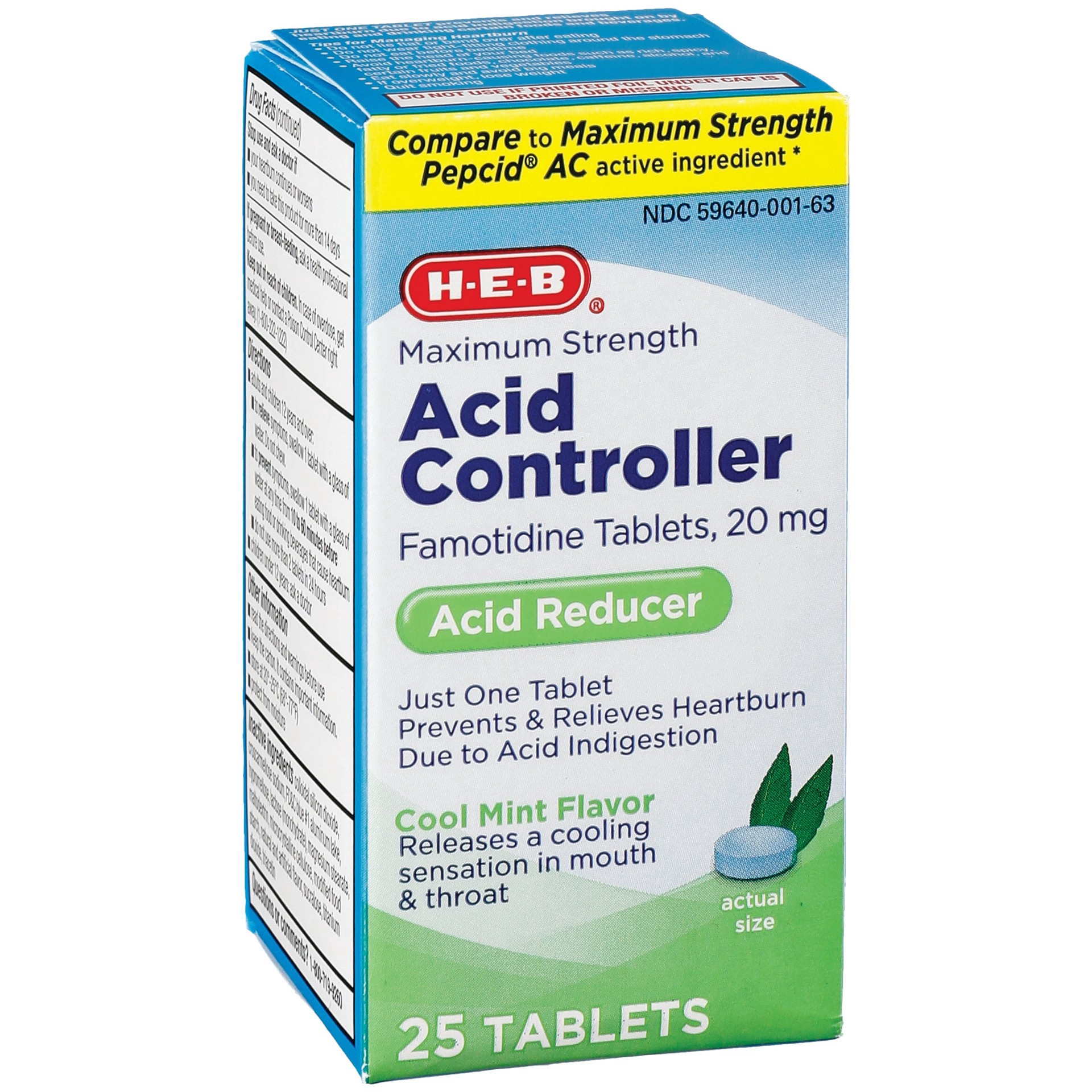 slide 1 of 1, H-E-B Maximum Strength Acid Controller Famotidine 20 mg Cool Mint Tablets, 25 ct