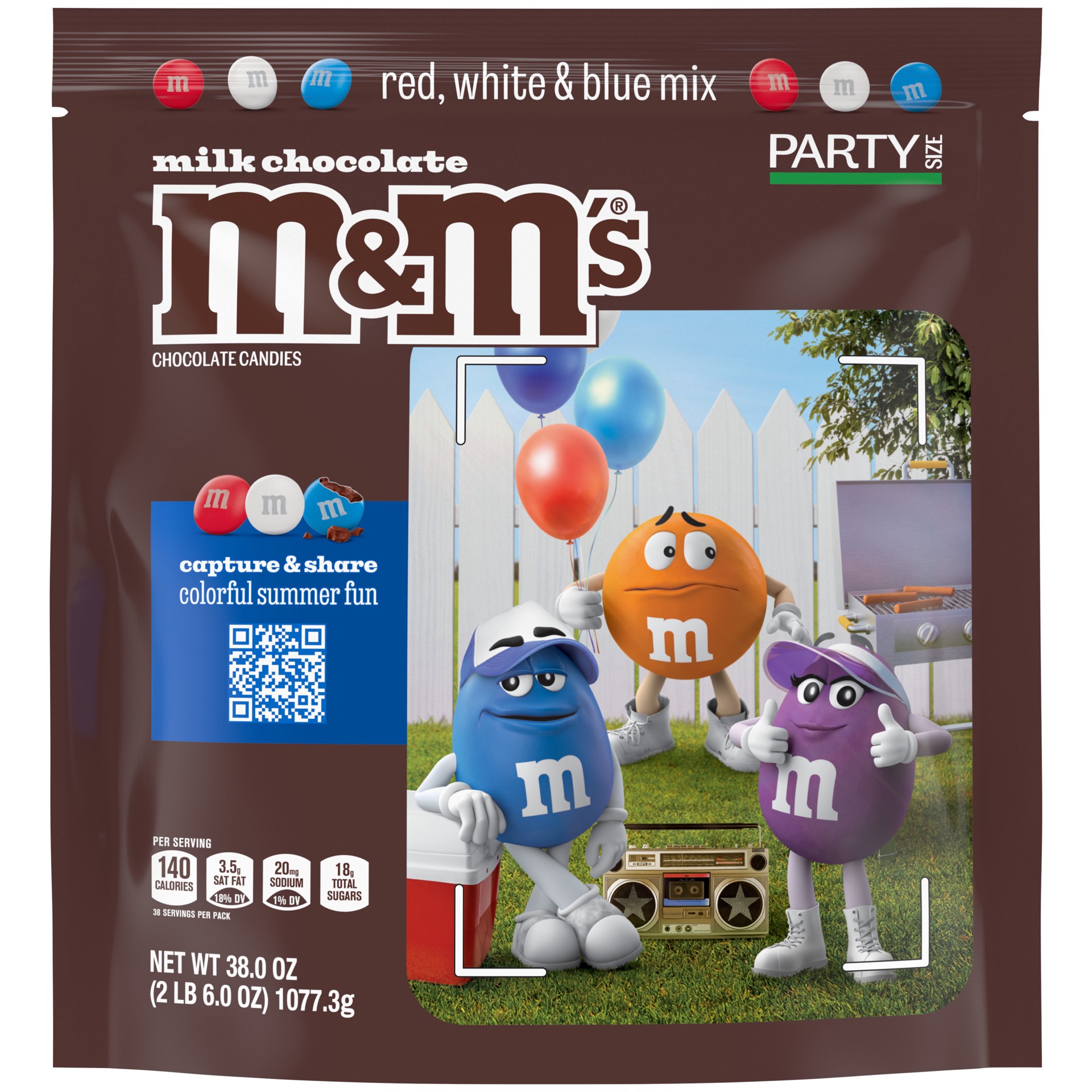 slide 1 of 8, M&M's Red, White & Blue Milk Chocolate Candy America Bulk Pack, Party Size, 38 oz Bag, 38 oz