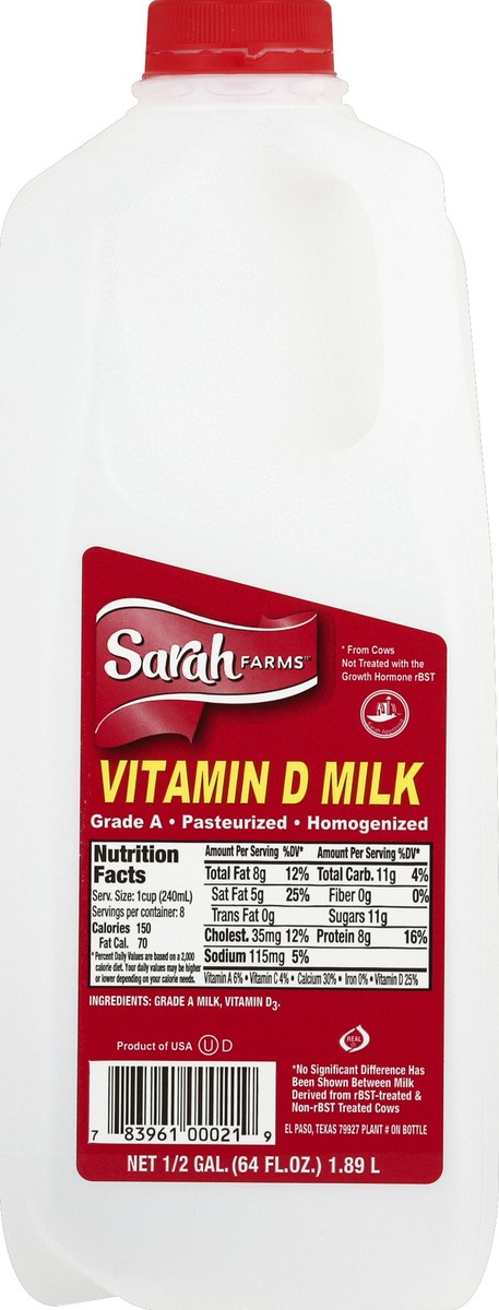 slide 4 of 6, Sarah Farms Milk 0.5 gl, 1/2 gal