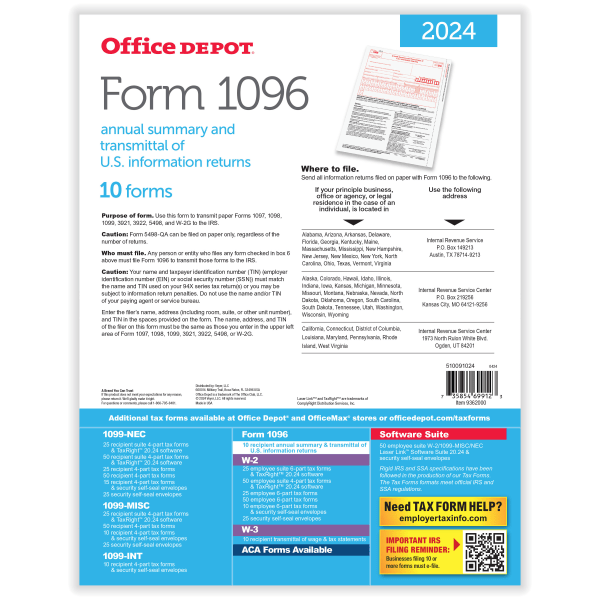 slide 4 of 4, Office Depot 1096 Laser Tax Forms, 1-Part, 8-1/2"" X 11"", Pack Of 10 Forms, 10 ct