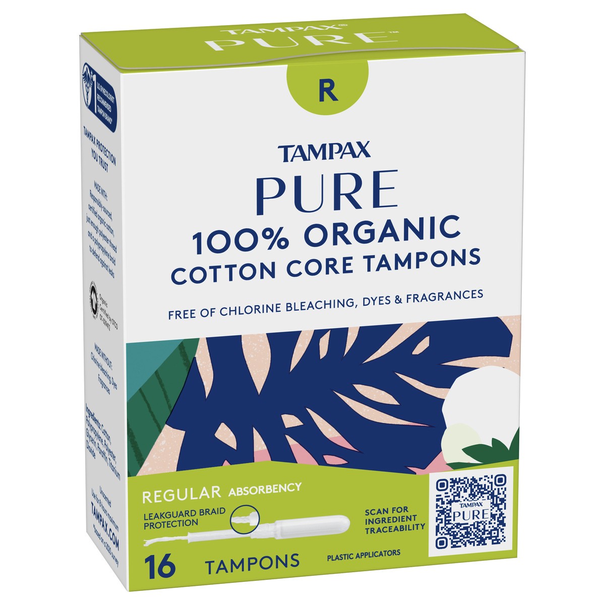 slide 2 of 4, Tampax Pure Regular Absorbency Cotton Core 100% Organic Plastic Applicators Tampons 16 ea, 16 ct