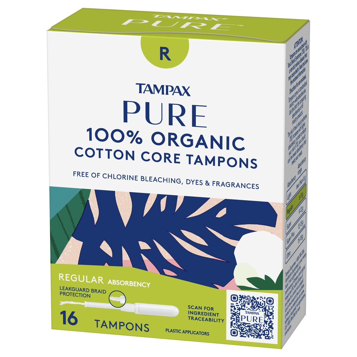 slide 3 of 4, Tampax Pure Regular Absorbency Cotton Core 100% Organic Plastic Applicators Tampons 16 ea, 16 ct