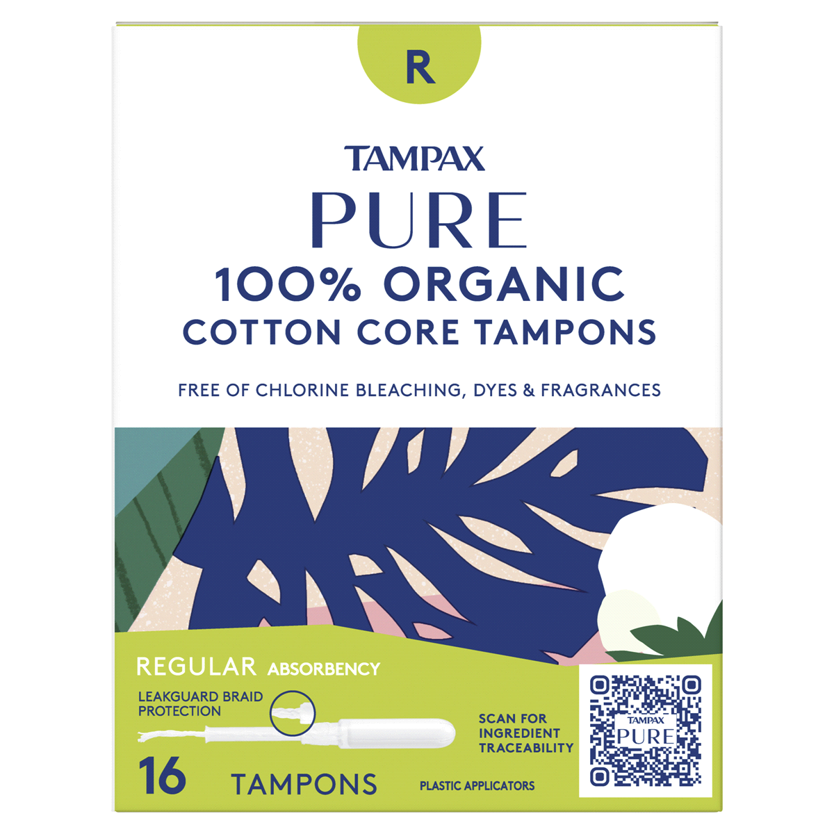 slide 1 of 3, Tampax Pure 100 Organic Cotton Core Tampons Regular Absorbency Unscented, 16 ct