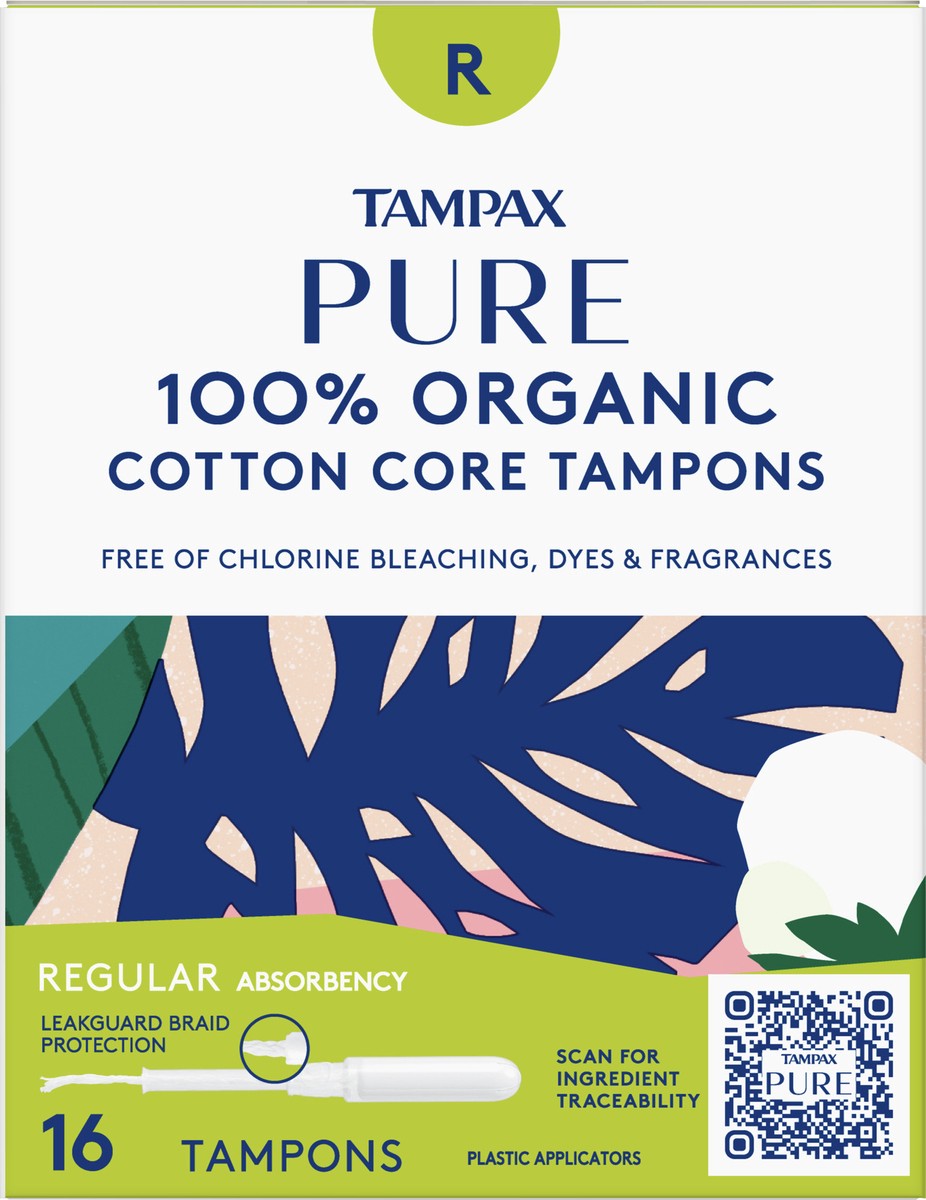 slide 1 of 4, Tampax Pure Regular Absorbency Cotton Core 100% Organic Plastic Applicators Tampons 16 ea, 16 ct