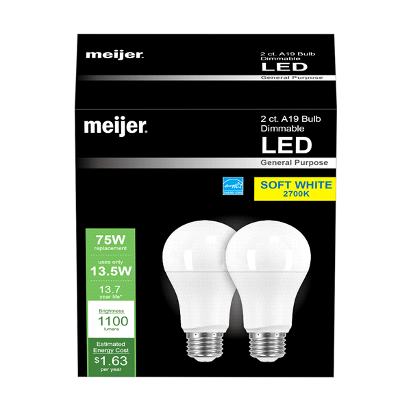 slide 1 of 1, Meijer Dimmable LED 13.5W A19 Soft White 2700K Light Bulb, 2 ct