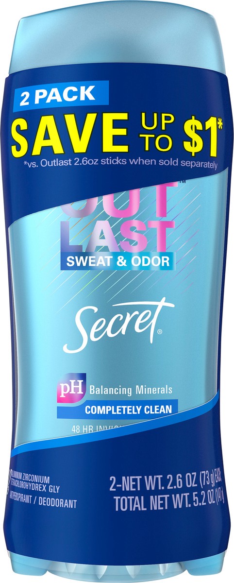 slide 2 of 2, Secret Outlast Invisible Solid Antiperspirant and Deodorant Completely Clean, 2.6 oz, Pack of 2, 2 ct