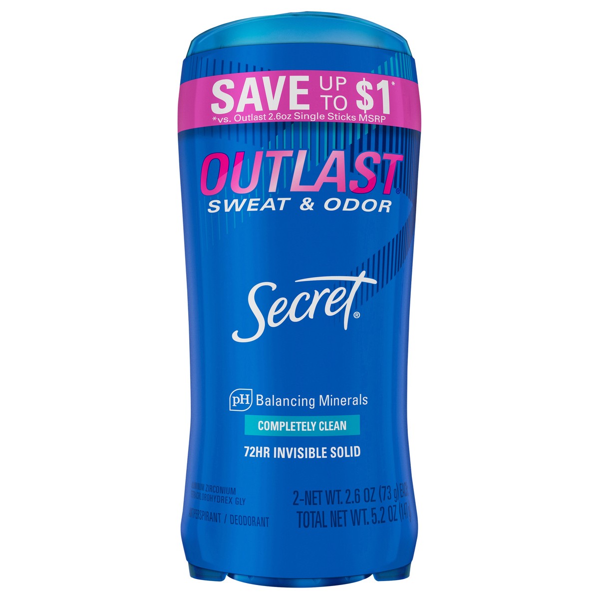 slide 1 of 2, Secret Outlast Invisible Solid Antiperspirant and Deodorant Completely Clean, 2.6 oz, Pack of 2, 2 ct