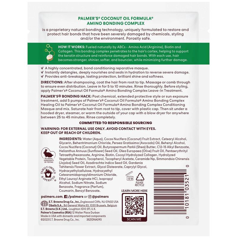 slide 9 of 10, Palmer's Coconut Oil Formula Amino Bonding Complex Conditioning Masque Pack 2.1 oz, 2.1 oz