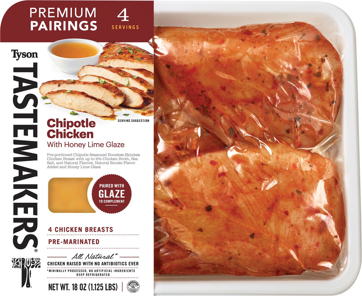 slide 3 of 7, TASTE MAKERS Tyson Tastemakers Premium Pairings Chipotle Chicken with Honey Lime Glaze, 18 oz., Serves 4, 510.29 g