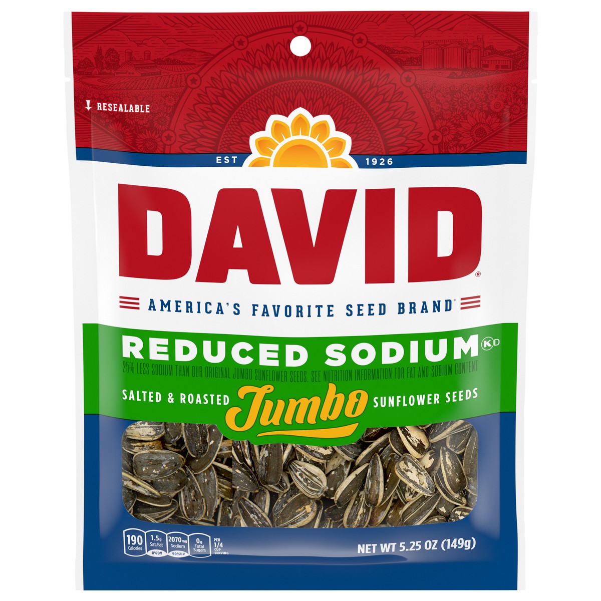 slide 1 of 5, DAVID Reduced Sodium Jumbo Salted & Roasted Sunflower Seeds 5.25 oz, 5.25 oz