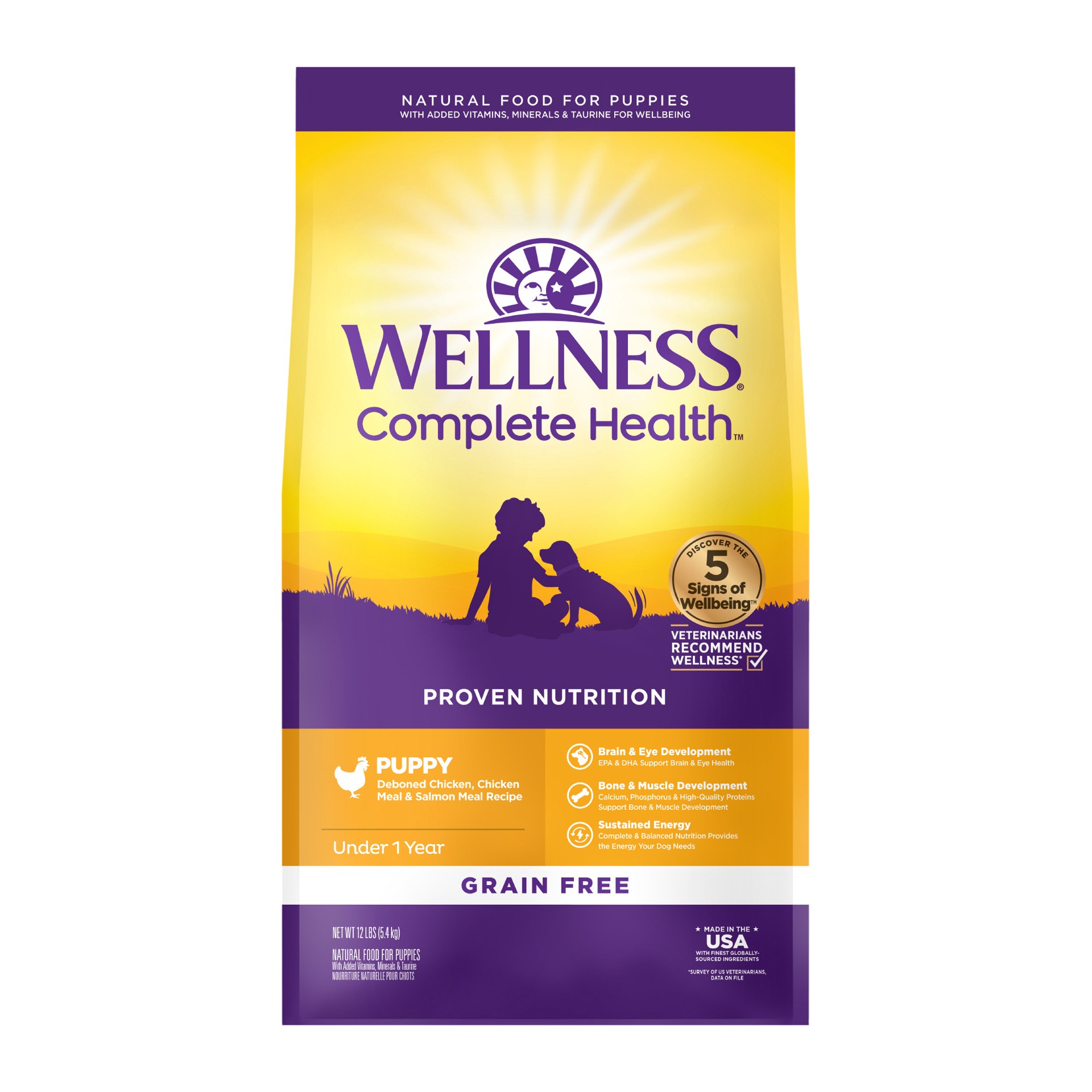 slide 1 of 5, Wellness Complete Health Natural Grain Free Dry Puppy Food, Chicken & Salmon, 12-Pound Bag, 12 lb