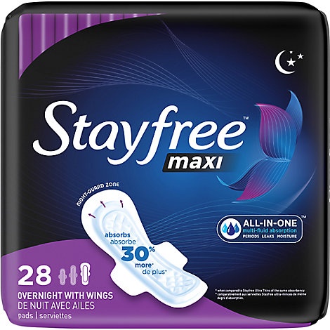 slide 1 of 1, Stayfree Maxi Pads With Wings Overnight With Night Guard Zone, 28 ct