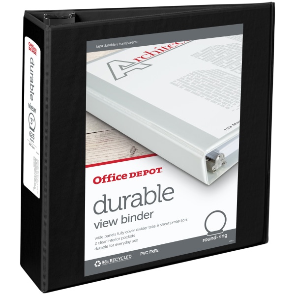 slide 1 of 5, Office Depot Brand Durable View Round-Ring Binder, 3'' Rings, Black, 1 ct