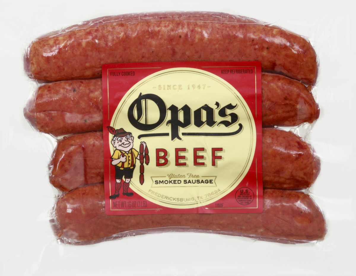 slide 1 of 13, Opa's Beef Smoked Sausage 16 oz, 16 oz