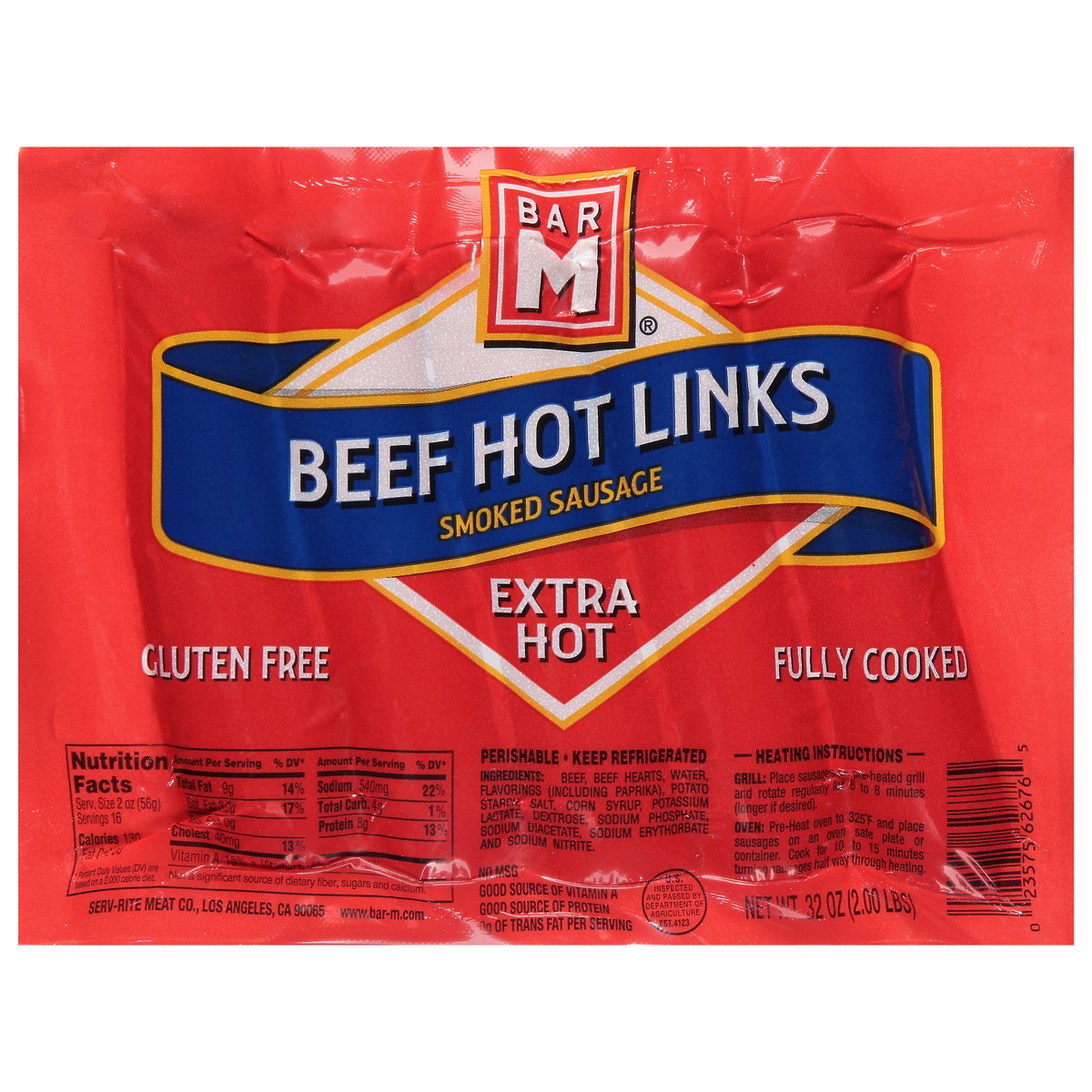 slide 1 of 13, Bar-M Beef Hot Links Smoked Extra Hot Sausage 32 oz, 32 oz