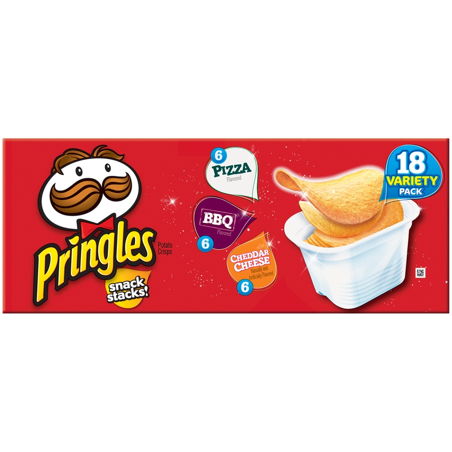 slide 1 of 1, Pringles Snack Stacks! Pizza/BBQ/Cheddar Cheese Potato Crisps Variety Pack, 18 ct; 0.74 oz