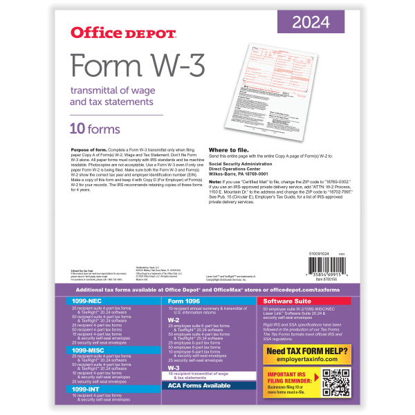 slide 2 of 3, Office Depot W-3 Laser Tax Forms, 1-Part, 8-1/2"" X 11"", Pack Of 10 Forms, 10 ct