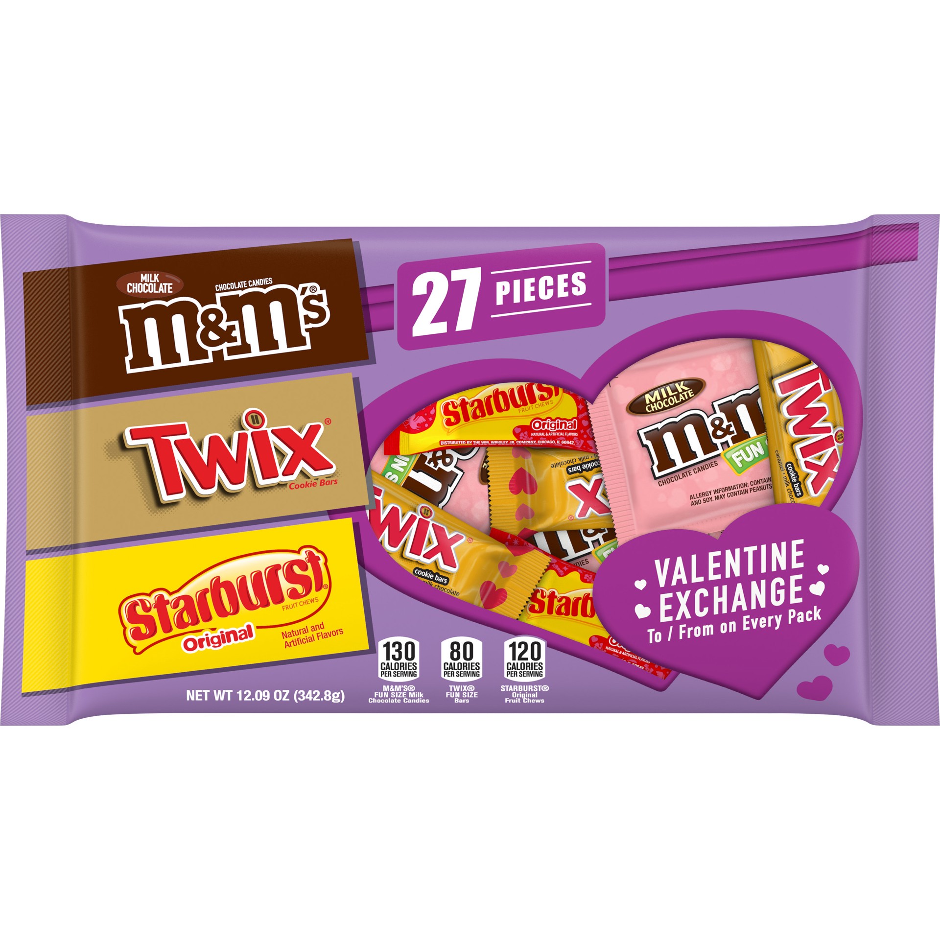 slide 1 of 4, Mixed SNICKERS, TWIX, M&M'S Valentine's Day Variety Chocolate Candy, 27 pieces, 12.09 Ounce Bag, 12.09 oz