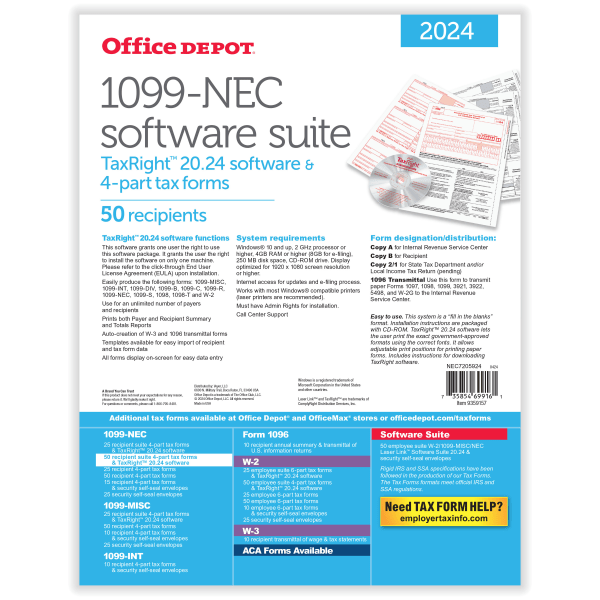 slide 4 of 4, Office Depot 1099-Nec Laser Tax Forms With Software, 4-Part, 3-Up, 8-1/2"" X 11"", Pack Of 50 Form Sets, 50 ct
