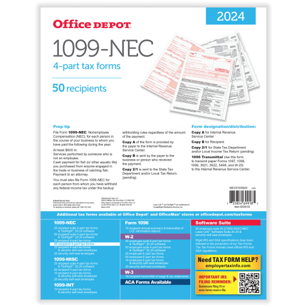 slide 3 of 3, Office Depot 1099-Nec Laser Tax Forms, 4-Part, 2-Up, 8-1/2"" X 11"", Pack Of 50 Form Sets, 50 ct
