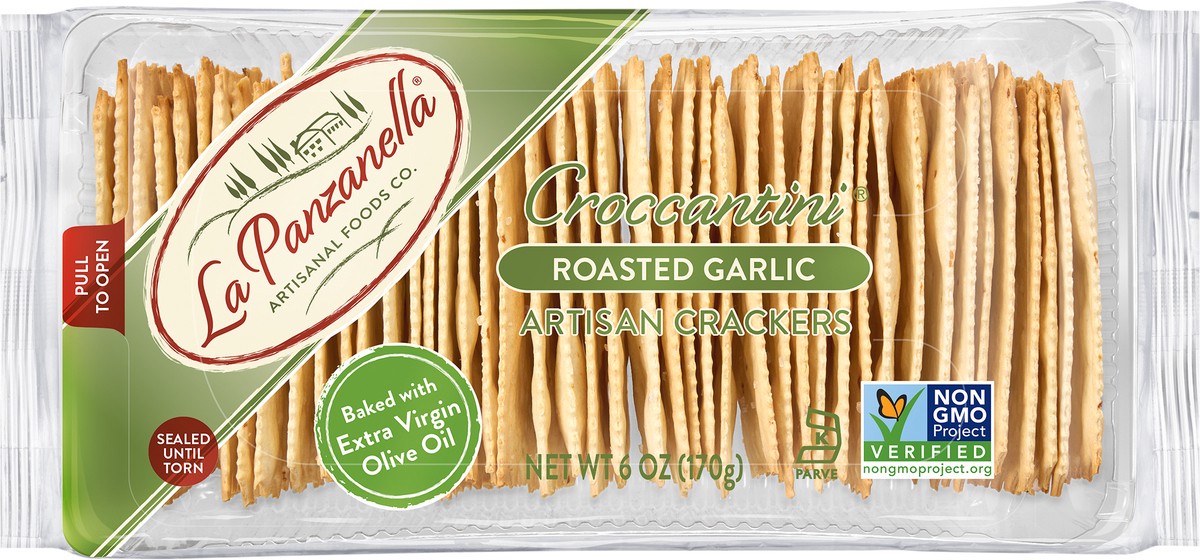 slide 5 of 5, La Panzanella Croccantini Roasted Garlic Artisan Crackers, 6 oz