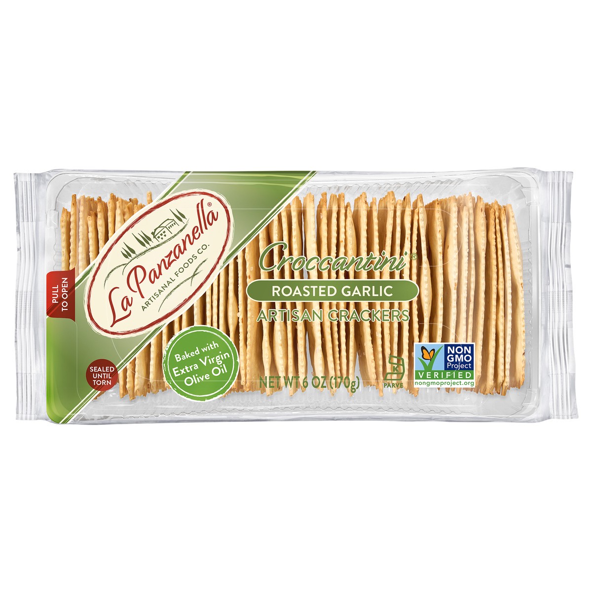 slide 1 of 5, La Panzanella Croccantini Roasted Garlic Artisan Crackers, 6 oz