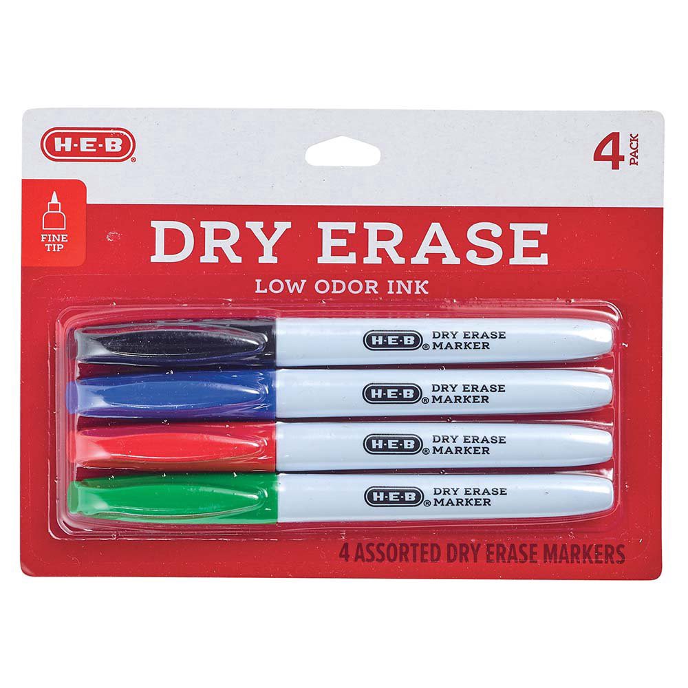 slide 1 of 1, H-E-B Fine Tip Dry Erase Markers - Assorted Ink, 4 ct