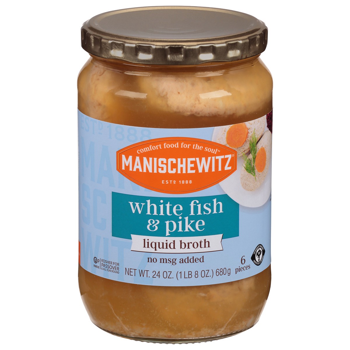 slide 1 of 9, Manischewitz Whitefish & Pike in Liquid Broth, 24 oz