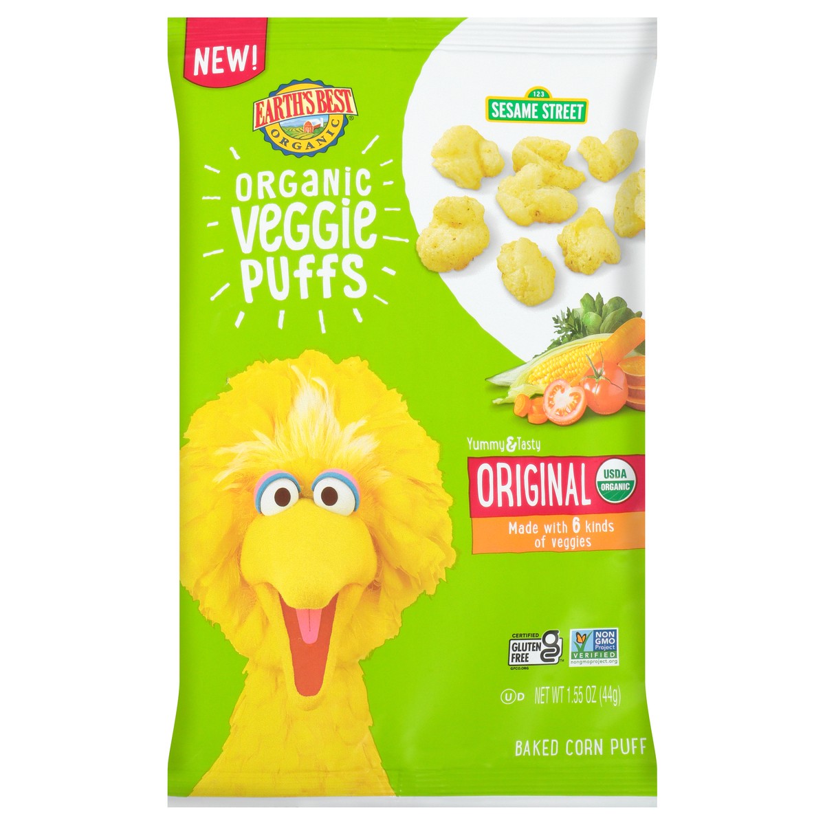 slide 1 of 7, Earth's Best 123 Sesame Street Original Organic Veggie Puffs 1.55 oz. Bag, 1.55 oz