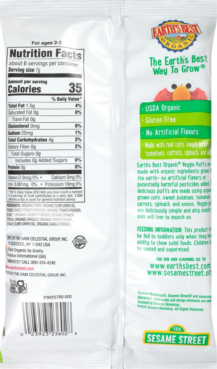 slide 6 of 7, Earth's Best 123 Sesame Street Original Organic Veggie Puffs 1.55 oz. Bag, 1.55 oz