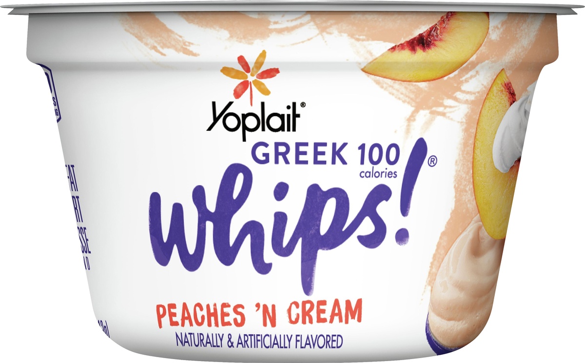 slide 9 of 10, Yoplait Greek Whips Yogurt, Fat Free Yogurt Mousse, Gluten Free, Peaches and Cream, 4 oz